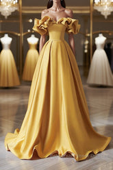 Off the Shoulder Yellow Satin Long Semi Formal Prom Dresses, Off Shoulder Yellow Long Formal Evening Dresses